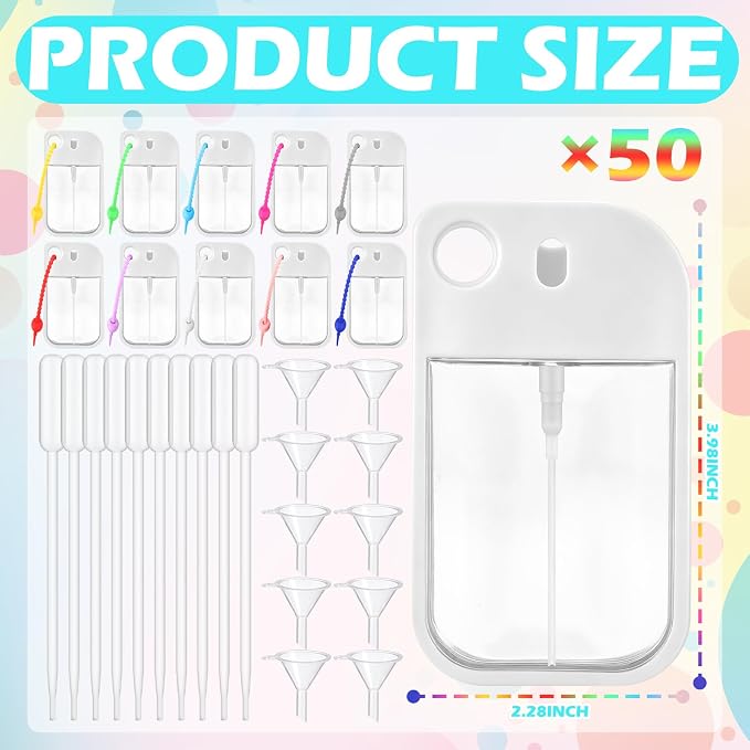Rtteri 50 Pcs Empty Hand Sanitizer Spray Bottle Travel Size Mini Hand Sanitizer Rubber Lanyard Portable Refillable Perfume Bottle Funnel Dropper for Purse Backpack Party Favor (White,40 ml,Rect)
