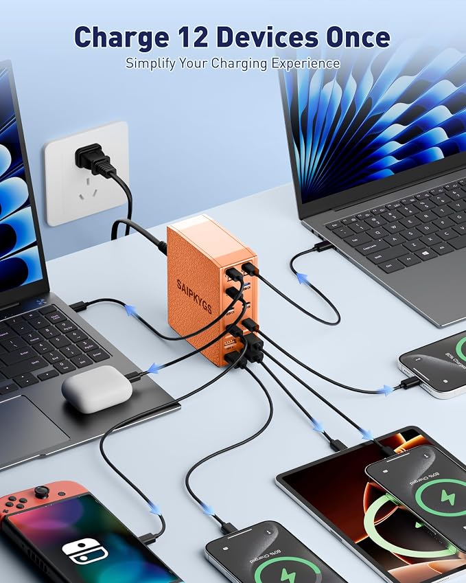 USB Charging Station (1000W),12-Port USB C Charger Block with Dual 100W PD USB-C Fast Charging Station Hub for MacBook Pro/Air/All iPad Phone 17/16 15/14/13/Pro Max/Samsung Galaxy Note(Orange)