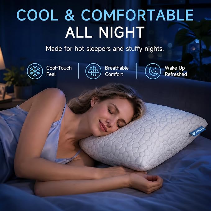 QUTOOL Cooling Pillow for Sleeping, CertiPUR-US Shredded Memory Foam King Pillow Set of 1, Cool Pillow for Hot Sleepers Adjustable Firm Pillow for Side, Back, Stomach Sleepers Soft Yet Support, White
