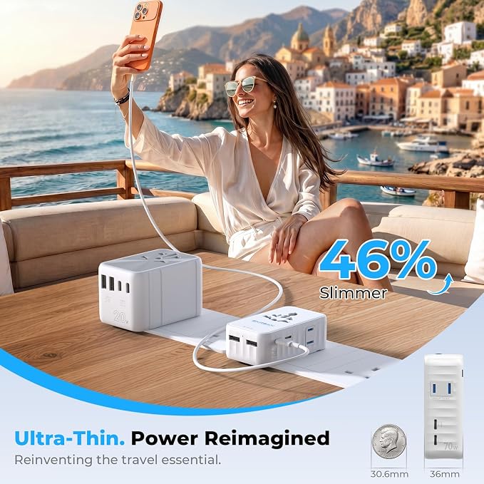 Aura 70W International Travel Adapter, 36mm Ultra-Slim 6-in-1 Universal Wall Charger, PD & QC 3.0 Fast Charging Essentials for Laptop, Phone, UK Europe USA Australia (Arctic White)