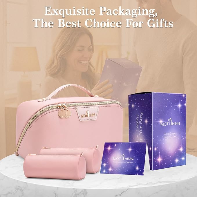 Travel Makeup Bag for Women: 3-in-1 Large Capacity Cosmetics Organizer with 2 Detachable Pouch - Vegan Leather Flat Open Toiletry Bag - Portable Travel Essentials for Full-Sized Bottles(Pink)