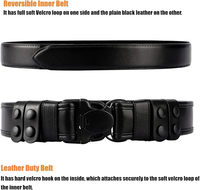 TACNEX 2" Duty Belt w/Hook Lining 4 Keepers 1.5" Reversible Inner Belt for Police Law Enforcement Security Plain Black