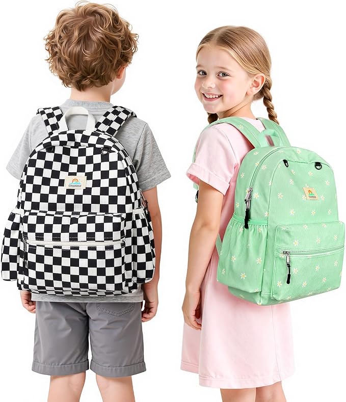 STEAMEDBUN Corduroy Kids Backpack for Girls and Boys 5-8: Boys Backpack for Elementary Kindergarten - 15 inch Cute Backpacks for Kids - Checkered
