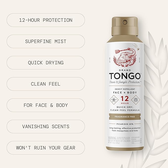 Grand Tongo Fragrance Free Insect Repellent, 12-Hour Mosquito & Tick Protection, Picaridin-Based, Water-Based, Lightweight, Quick-Drying, DEET Alternative, Face & Body Use, 3 Pack