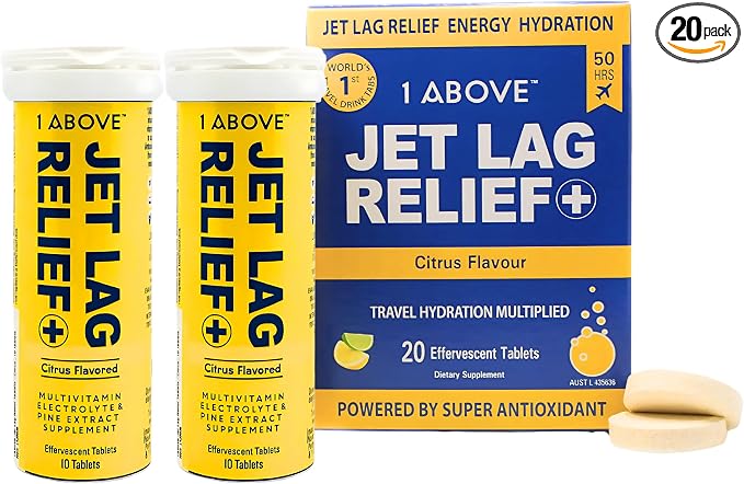 1ABOVE Jet Lag Relief Tablets - Citrus-Flavored Effervescent Multivitamin with Pycnogenol Travel Supplement for Hydration, Energy, Immune Support and Faster Recovery - Flight Essential, 20 Tablets