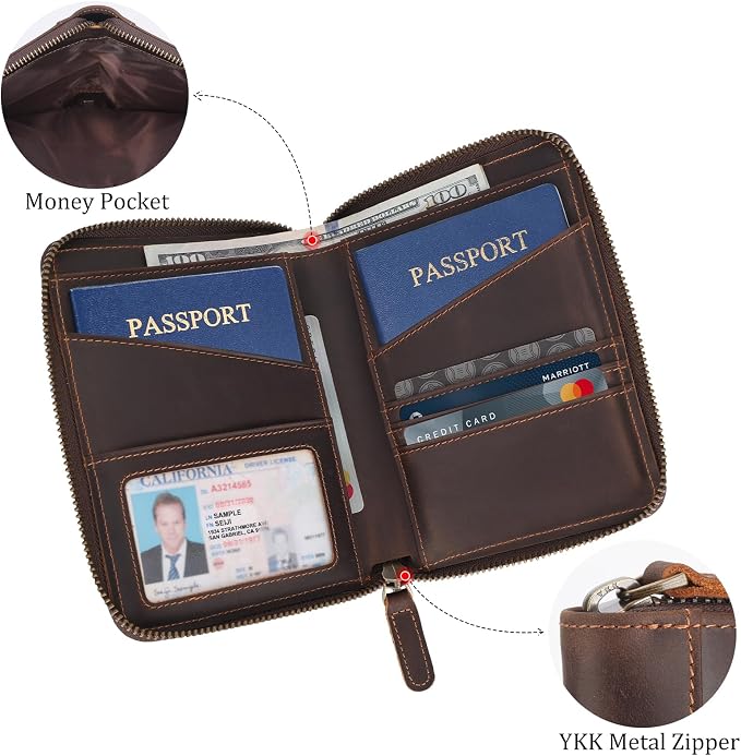 Polare Full Grain Leather Dual Passport Wallet and RFID Blocking Bifold Passport Cover Travel Document Organizer Holder 2 Passports (Dark Brown)