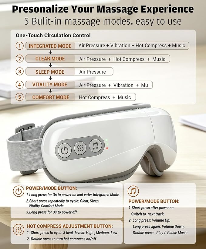 Eye Massager with Heat and Cooling, Heated Eye Mask for Dry Eyes & Sleep, Cooling Gel Mask for Puffiness, Bluetooth Music 5 Modes Cordless Foldable, Relax Gift for Women Men