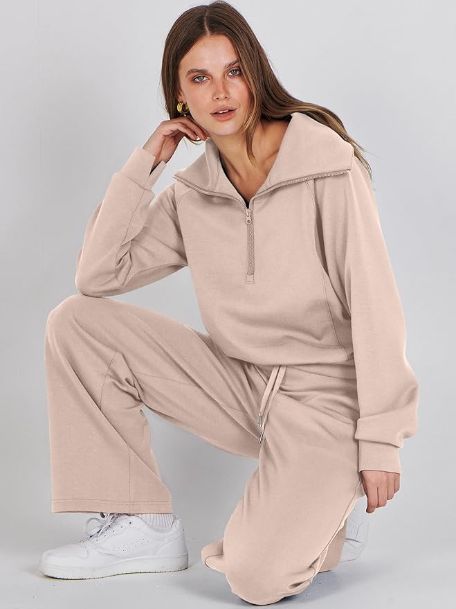 ANRABESS Women’s 2 Piece Outfits Half Zip Sweatshirt & Wide Leg Pants Airport Travel Lounge Matching Sets Sweatsuits Clothing