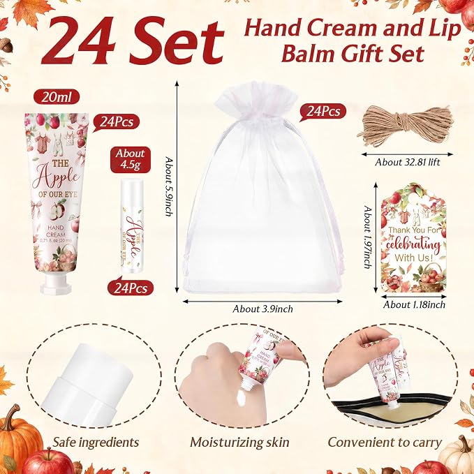 24 Sets Fall Apple Theme Baby Shower Hand Cream and Lip Balm Gift The Apple of Our Eye Baby Shower Party Favors Travel Size Hand Lotion and Lip Balm Bulk with Organza Bag Tag for Guest
