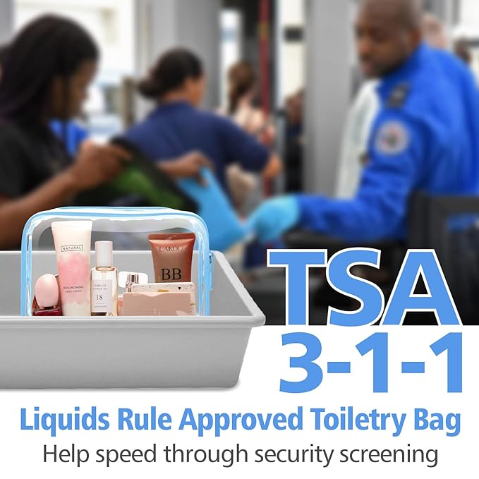 PACKISM 3 Pack TSA Approved Clear Toiletry Bags, Quart Size, Travel Makeup Cosmetic Bag for Women Men, Carry On Airport Airline Compliant, Light Blue