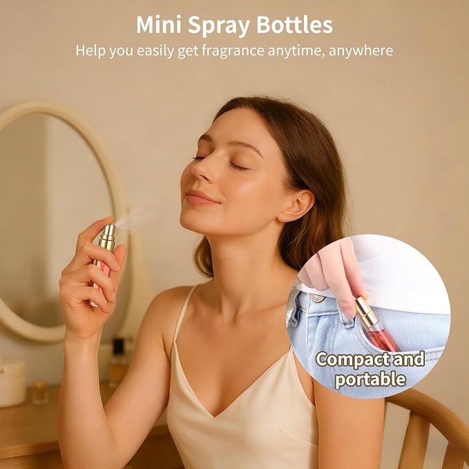 Lnrueg 100 Pcs 5 ml Mini Spray Bottles - 0.17 oz Refillable Glass Perfume Bottles, Portable Travel Sample Containers with Caps, Fine Mist Atomizers with 4 Funnels and 4 Dispensers, Gold