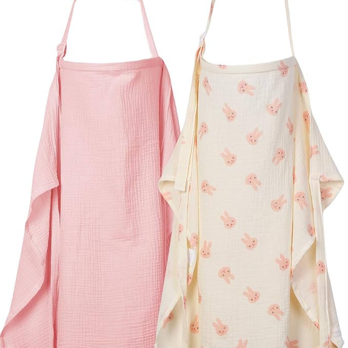 ANYEDDE 2-Pack Nursing Covers for Breastfeeding - Lightweight, Breathable Baby Breastfeeding Covers with Arch Neckline & Adjustable Straps, Pink & Bunny Design, Muslin Privacy Nursing Cover for Women