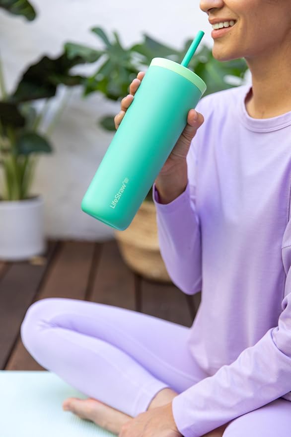 LifeStraw Go Series Tumbler – Double Wall Insulated Stainless Steel Water Filter, Cactus Green, Designed for Everyday Use, Removes Bacteria, Parasites, Microplastics, and Improves Taste
