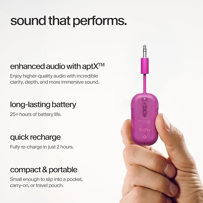 AirFly Pro 2 – Bluetooth Adapter for Airplane, Pair 2 AirPods or Wireless Headphones – 3.5mm AUX Bluetooth Transmitter for Cars, Boats, Treadmills, TVs– Airplane Travel Essentials, Fuchsia Ice