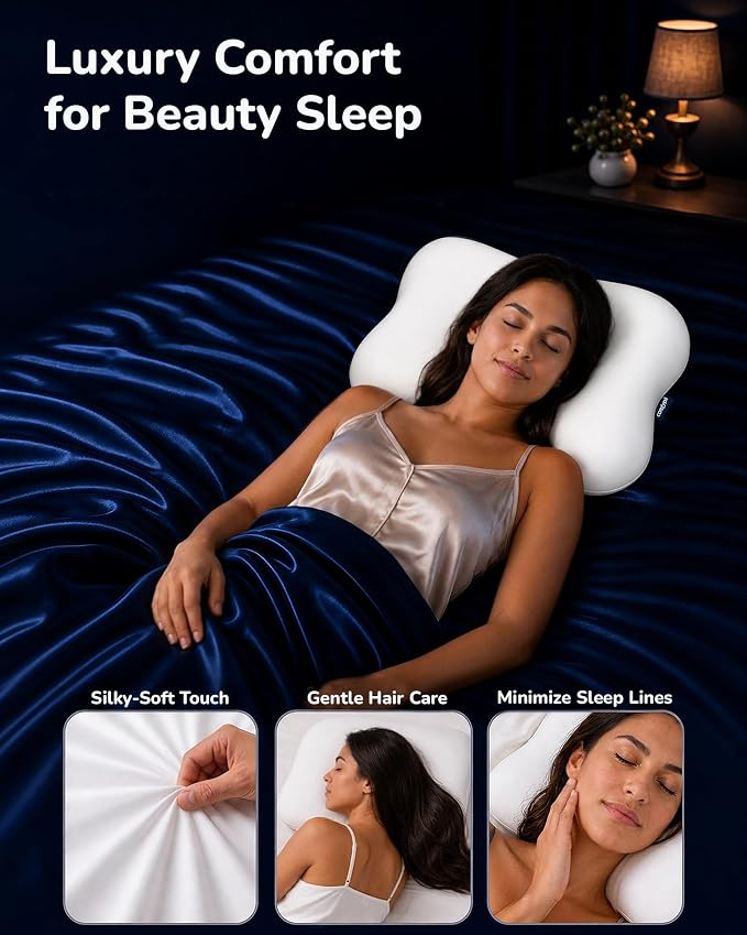 Cervical Pillow for Neck Pain Relief, Ergonomic Contour Memory Foam Pillow for Side Back Stomach Sleepers, Deep Sleep Pillow for Cloud-Soft Shoulder Support with Cooling Pillowcase, White