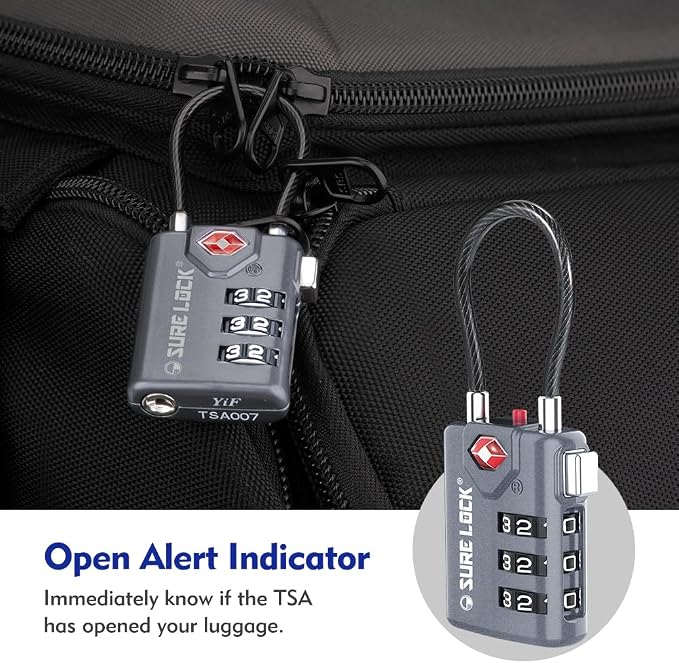 SURE LOCK TSA Approved Luggage Locks with Open Alert Indicator, 3 Digit Combination Cable Travel Lock for Suitcase, Backpack, Gym Locker, Toolbox & Travel Bag(Grey 2 Pack)
