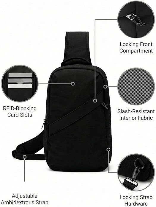 Anti-Theft Classic Crossbody Sling Bag, RFID-Blocking, Slash-Resistant with Locking Zippers for Travel & Everyday City Use