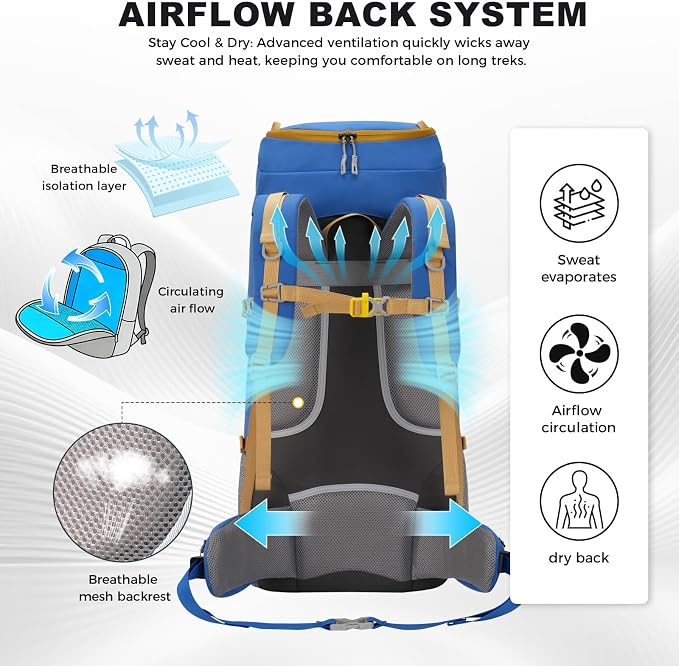 Bseash 65L Waterproof Hiking Camping Backpack with Rain Cover, Outdoor Sport Travel Daypack for Climbing Touring (Blue)