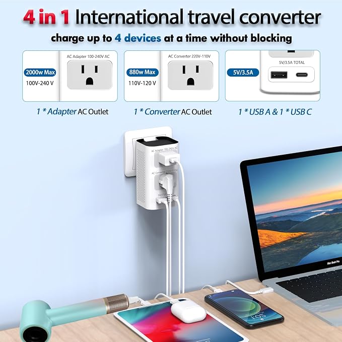 Upgraded 2000W 220V to 110V Voltage Converter US to Europe Travel Adapter for Hair Dryer International Universal Travel Adapter with 1 USB A and 1 USB C Power Converter Adapter Combo