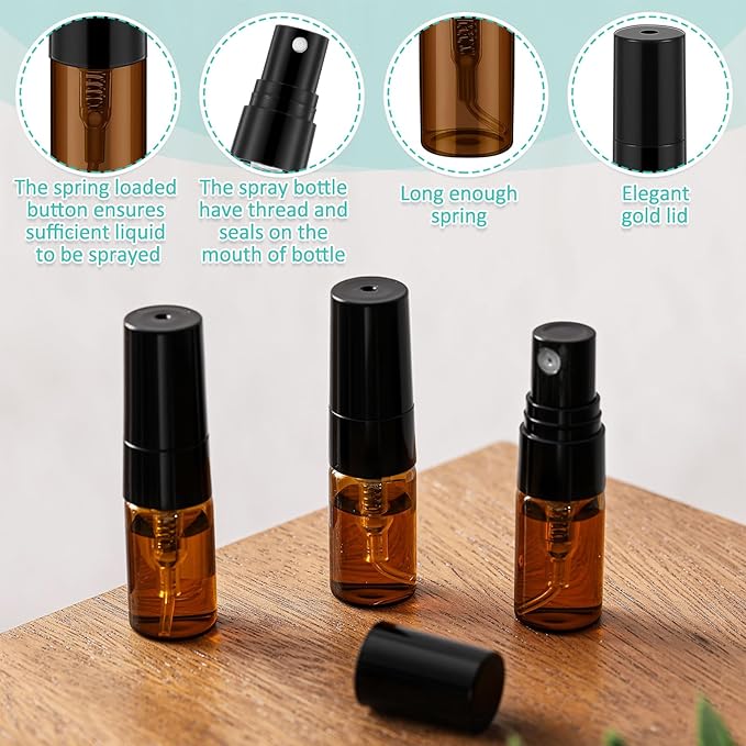 Zhehao 100 Pcs Mini Spray Bottles 2 ml Clear Glass Perfume Bottles Refillable Fine Mist Perfume Atomizer Portable Empty Sample Containers for Cleaning, Essential Oils, Travel (Amber)