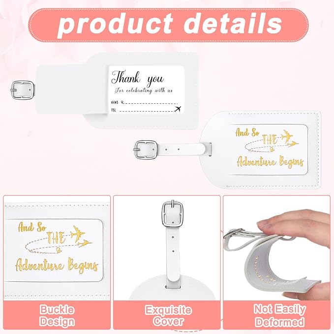 Sweetude 48 Sets Bulk Luggage Tags Wedding Favors and So The Adventure Begins Leather Luggage Tags for Suitcases with Name Card for Travel Themed Bridal Shower Graduation Party Favor(White)