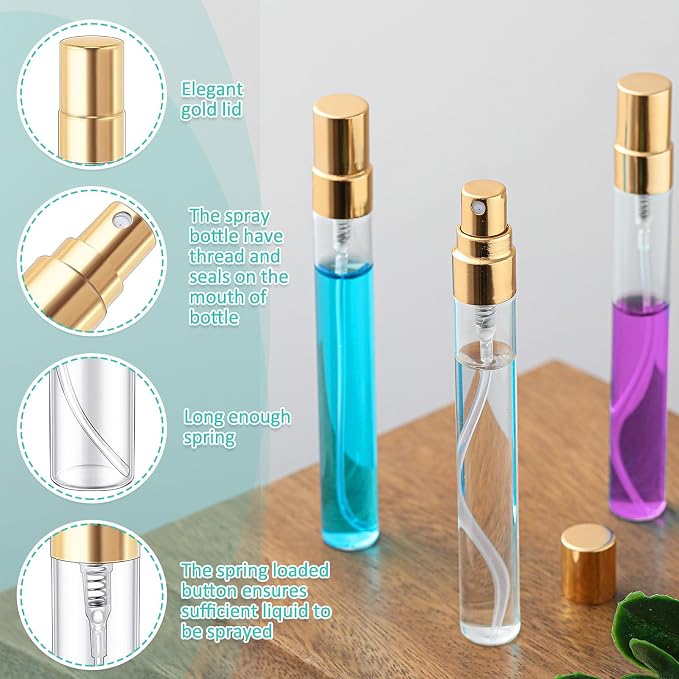Zhehao 200 Pcs Mini Spray Bottles 10 ml Clear Glass Perfume Bottles Refillable Fine Mist Perfume Atomizer Portable Empty Sample Containers for Cleaning, Essential Oils, Travel (Gold Cap)