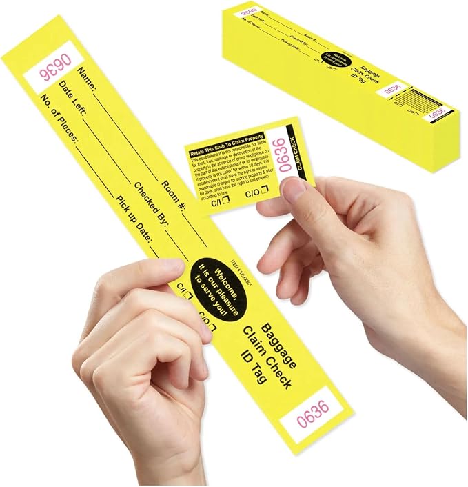 1000 Baggage Claim Check Tags Made from Yellow Card Stock, with Transfer Tape on Back, Printed in Black with Red Consecutive Numbering. Bag Identification Tag Size: 10 1/2" x 1 1/4"
