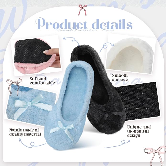 Geyoga 4 Pairs Women's Slippers Ballerina Ballet with Satin Bow Tie Non Slip Slippers Ballet House Socks for Wedding Housewarming