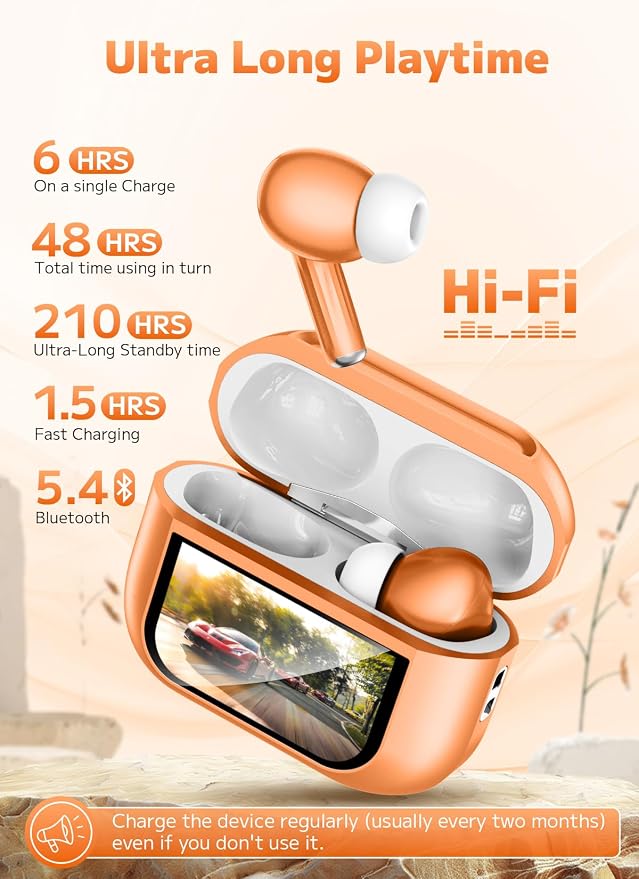 Bucephalus Wireless Earbuds, Bluetooth 5.4 Ear Buds, ENC Noise Cancelling Headphones with 48H Playtime, Bass Stereo Sound, Compatible with iPhone, Android, Pad - Bright Orange