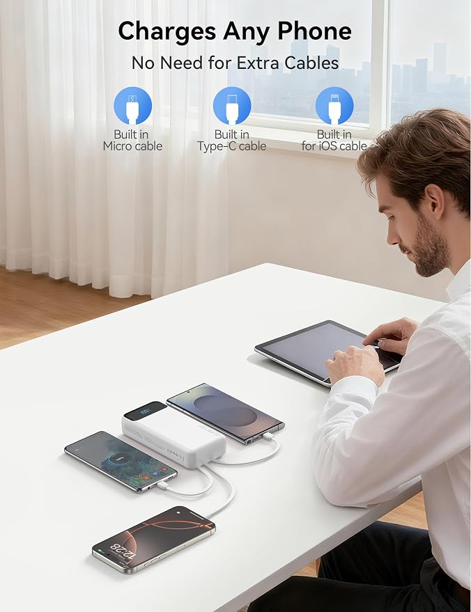 Nusyddy Portable Charger 20000mAh 22.5W w/4 Built-in Cables/6 Outputs White | High capacity, Fast Charge, LED Display, Pass Through Charging, Charge 6 Devices at once, TSA Approved, Fits iPhone, Samsung