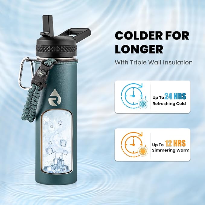RAYMYLO Insulated Water Bottle 20 oz, Triple Wall Vacuum Stainless Steel (Cold for 24Hrs, Hot for 12Hrs), Leak Proof & Non-BPA, Modern Water Bottle Jug for School with Straw Spout Lids