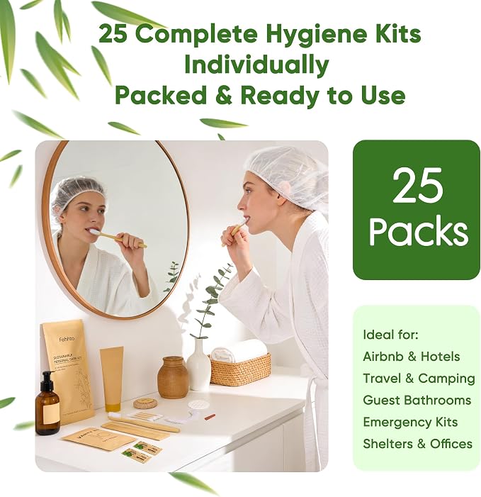Personal Hygiene Kit Bulk 25 Sets, Travel Size Toiletry Kit for Guests, with Bamboo Toothbrush, Toothpaste and Vanity Kit for Women, Men, Travel and Homeless Care Packages