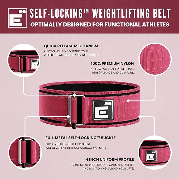 Element 26 Self-Locking Weight Lifting Belt - 4-Inch Nylon Support for Men and Women - Squat and Deadlift - Gym Training
