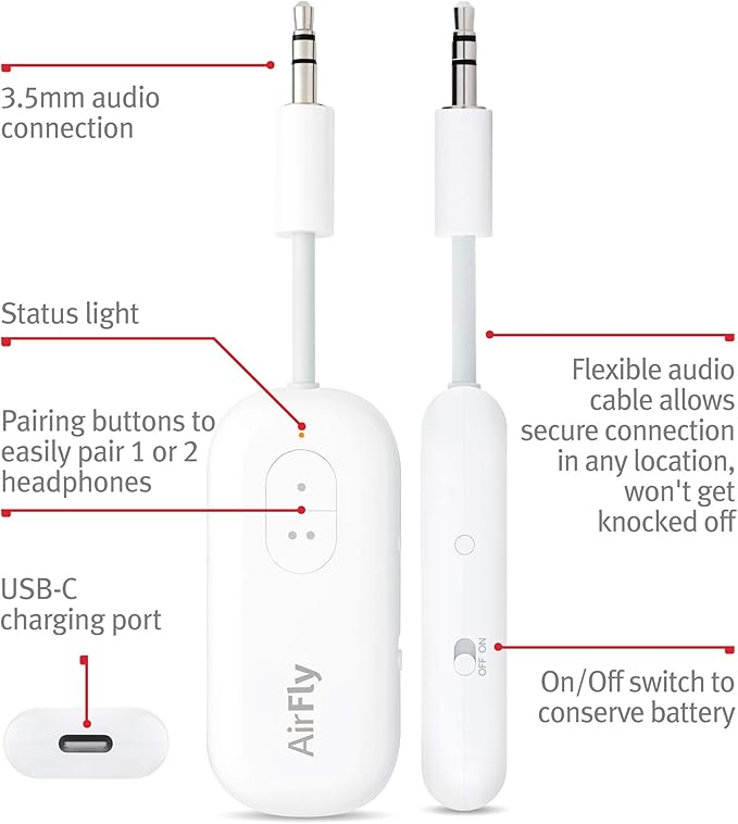 Twelve South AirFly Duo Bluetooth 5.0 Transmitter for TV/Airplane to 2 Wireless Headphones – Wireless Adapter for AirPods, Airplane, Car, Gym, Home, Use with Any 3.5 mm Audio Jack