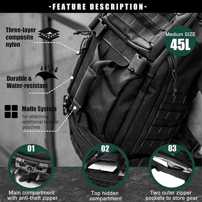 Miramrax Travel Duffle Bag Backpack for Men - Large Tactical Bags Weekender Gym Bag for Overnight Traveling Military Workout Deployment Sports (Black, 45L)