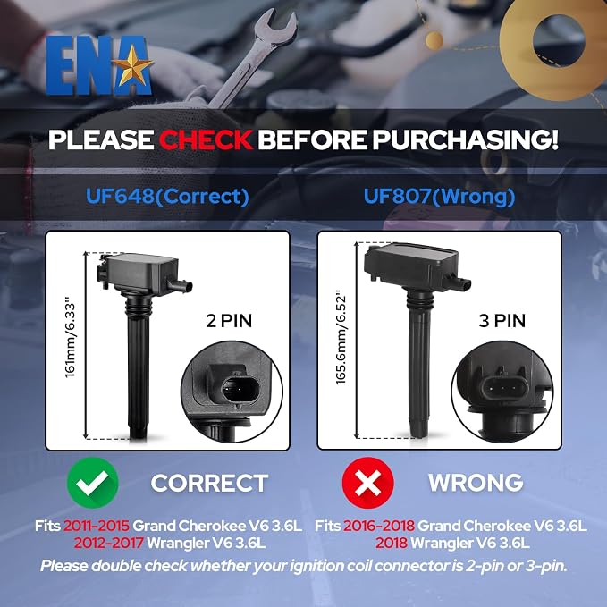 ENA Set of 6 Ignition Coils & Iridium Spark Plugs for UF648 Compatible with Chrysler Dodge Charger Jeep Grand Cherokee Wrangler 200 300 Challenger Journey 3.2L 3.6L V6 Replace for 93175 C894 C1791