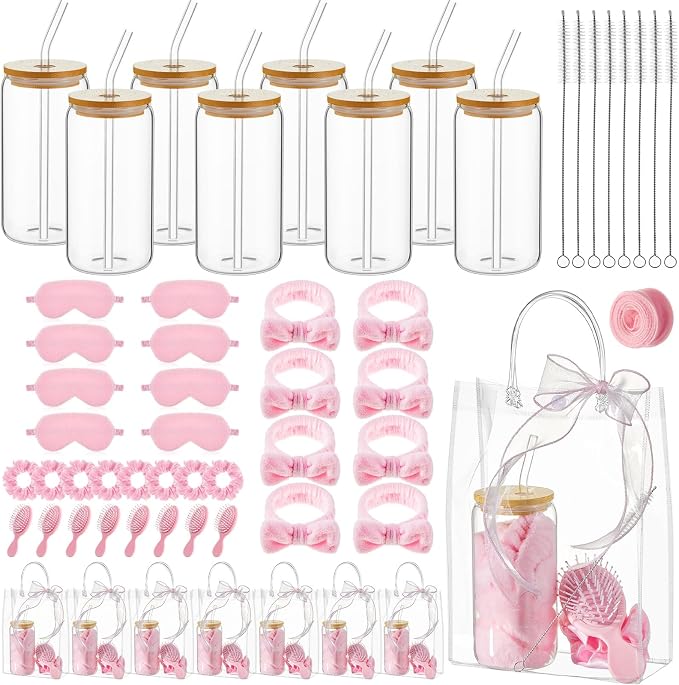 49 Pcs Spa Sleepover Party Supplies for Girls, 8 Set Spa Party Favors, Include Cups, Hairbands, Sleep Eye Mask, Headband, Brush, Tote Bags with Ribbon for Pink Sleepover Birthday Favors