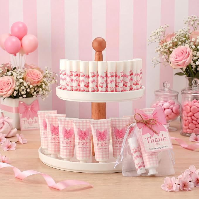 50 Set Pink Baby Shower Gifts Bulk Woman Bow Baby Shower Favor for Guests Lip Balm Hand Cream Include 50 Lip Balm 50 Hand Cream 50 Bag 50 Tag Gender Reveal Wedding Bridal Party Favors Gift