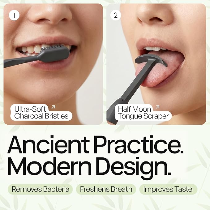 Tokii Tongue Scraper & Tongue Cleaner for Adults, 2-in-1 Toothbrush with Sliding Tongue Scraper, Charcoal Ultra Soft Bristles, Ayurvedic-Inspired, Includes Travel Toothbrush, Stand & Waterproof Pouch