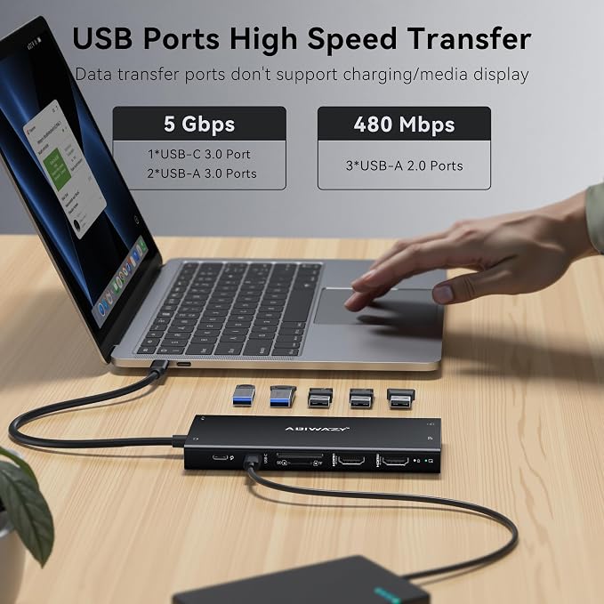 Laptop Docking Station Dual Monitor, 15 in 1 Docking Station 3 Monitors | ABIWAZY USB C Hub to Dual 4K@60Hz HDMI, DP 8K, 100W PD, USB-C to Ethernet and SD/Micro SD, 6 USB A/C Ports, Screen Button