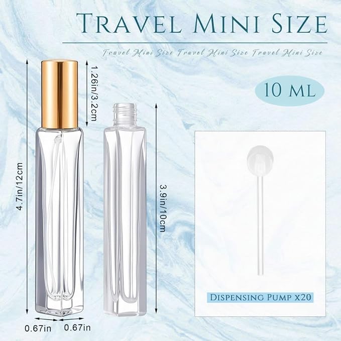 Domensi 20 Pcs 10/15/20/30 ml Perfume Travel Refillable Glass Bottles Spray Bottle Perfume Atomizer for Cologne Dispenser Leak-proof Fragrance Bottles Atomizer Pump Kit (10 ml,Gold)