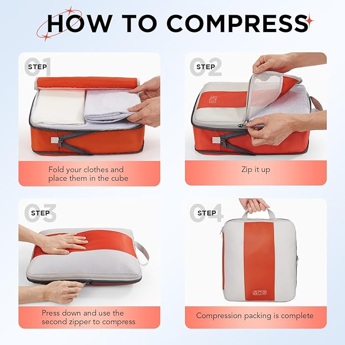 10 Set Compression Packing Cubes for Travel Essentials,Compressible Expandable Packing Cubes for Suitcase,OlarHike Luggage Garment Bags for Travel,Handy Helper for Organizing Clothes(Orange)