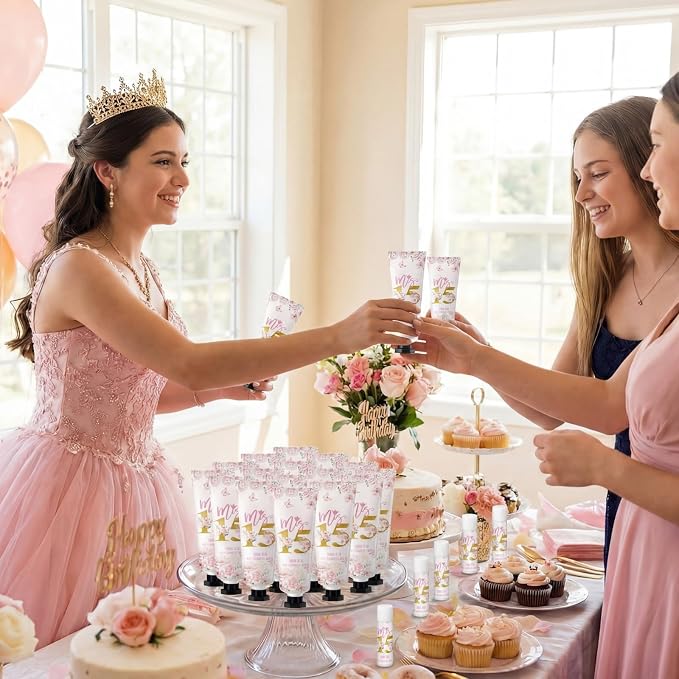 Leelosp 100 Pcs/50 Sets Quinceanera Party Favor Gifts for Guests 15th Thank You Gifts Girl Pink Hand Cream and Lip Balm Sweet 15th Birthday Party Favors for Guests