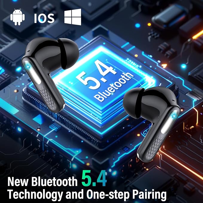 Wireless Earbuds with Touch Screen, Bluetooth 5.4 Headphones, ANC/ENC Noise Cancelling, 48H HiFi Stereo Bluetooth Ear Buds with 5 EQ Modes, Transparency Mode, IPX7 Earphones, Black