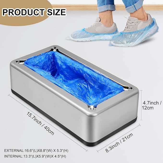 Automatic Shoe Cover Machine with 200 Disposable Shoe Covers Automatic Shoe Cover Machine for Home Use Disposable Non-slip Waterproof Shoe Covers for Indoors, Offices, Factories (Silver)