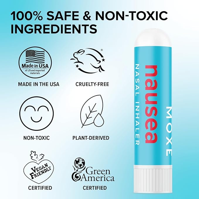 MOXE Nausea Nasal Inhaler Sticks, All Natural Essential Oil Blend, Ginger, Cardamom, Peppermint, Sweet Orange, Upset Stomach, Headaches, Easy-to-Use Portable Aromatherapy, Made in USA, 1 Pack