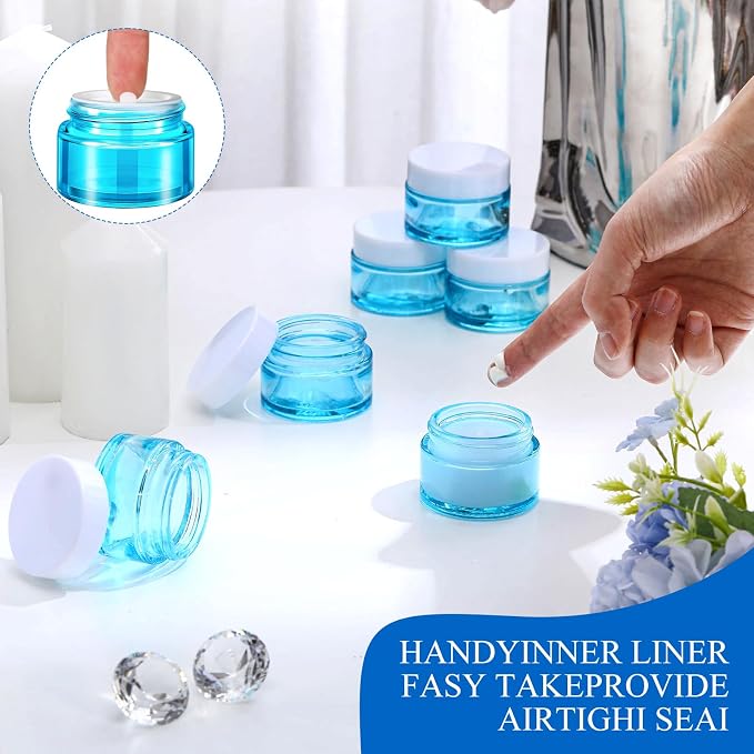 Domensi 60 Pcs 1oz Glass Jars with Lids Bulk Small Glass Salve Tins Cream Container Cosmetic Jars for Travel Balm with Inner Liners for Sample Cream (Light Blue,White Lids,Plastic Lid)