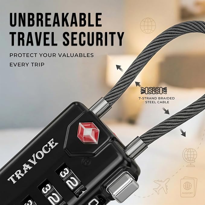 TRAVOCE TSA Approved Luggage Locks - Heavy Duty 3 Digit Combination Cable Lock, Search Alert for Suitcases, Backpacks, Golf Bags, Tents, Violin and Camera Cases, 4 Pack, Black