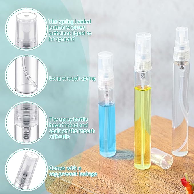 Zhehao 2 Pcs Mini Spray Bottles 5 Ml, 10 ml Clear Glass Perfume Bottles Refillable Fine Mist Perfume Atomizer Portable Empty Sample Containers for Cleaning, Essential Oils, Travel (Clear Cap)
