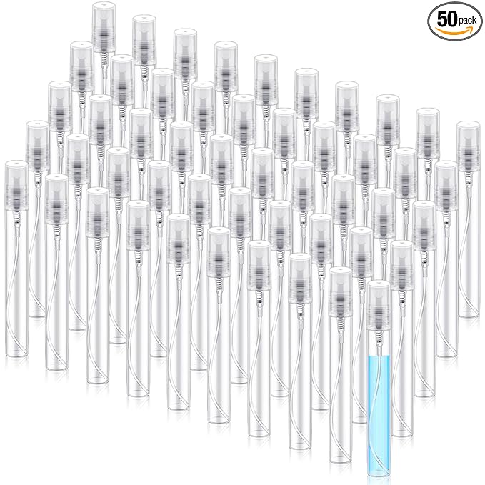Zhehao 50 Pcs Mini Spray Bottles 10 ml Clear Glass Perfume Bottles Refillable Fine Mist Perfume Atomizer Portable Empty Sample Containers for Cleaning, Essential Oils, Travel (Clear Cap)